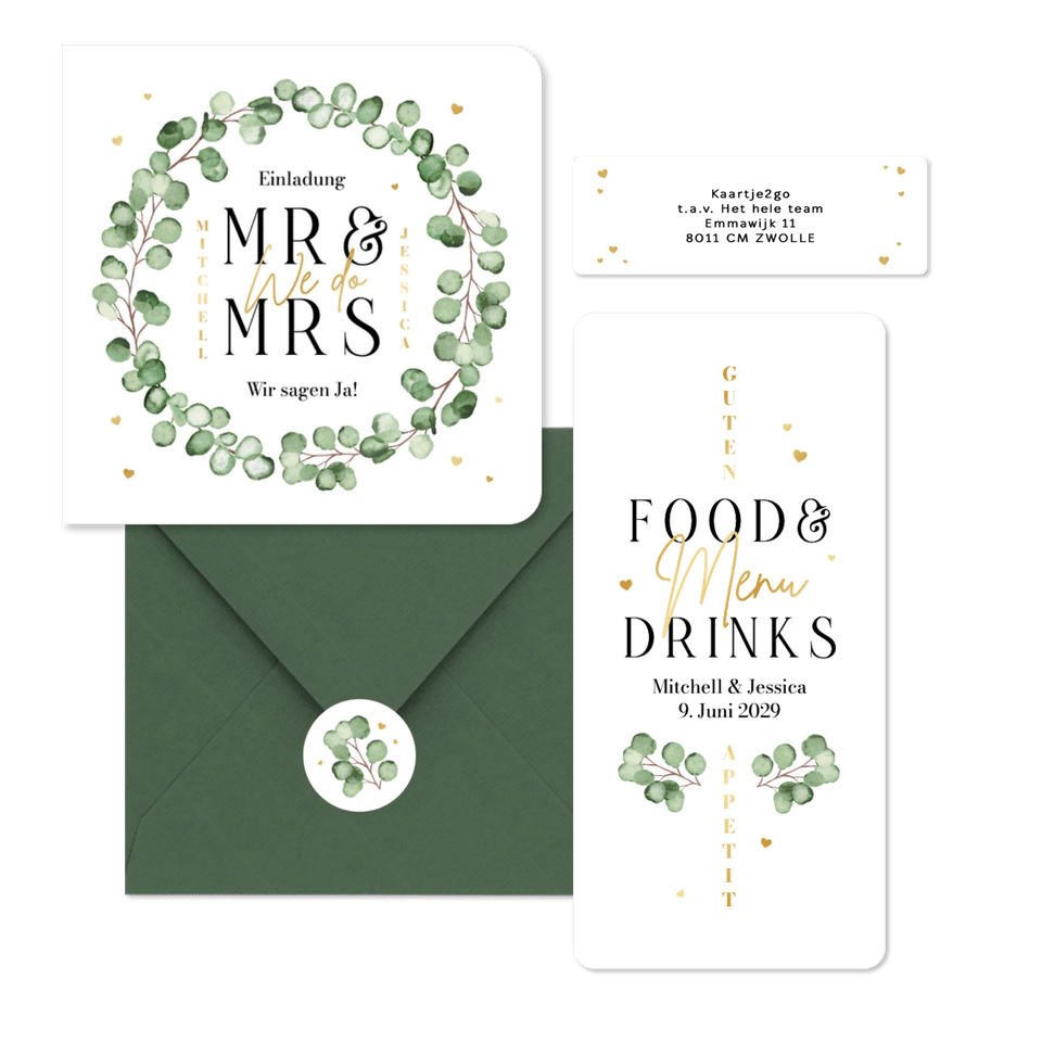 Hochzeitskartenset Eukalyptuszweige mit goldenen Herzchen