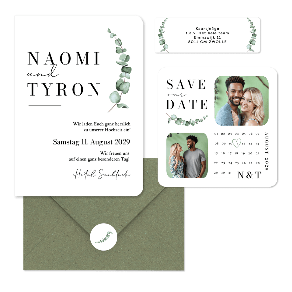 Hochzeitskarten schlicht und elegant mit Eukalyptuszweig