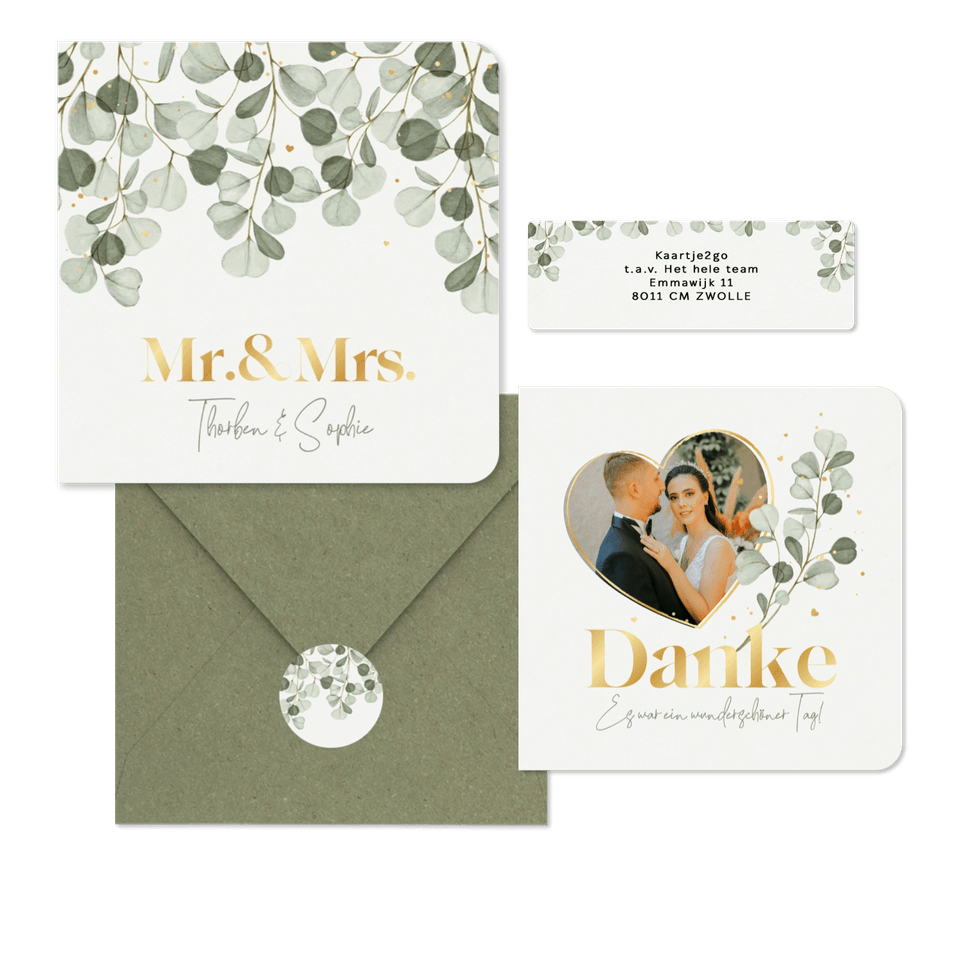 Hochzeitskartenset mit Eukalyptuszweigen & Goldschrift