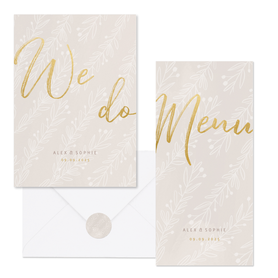 Hochzeitskartenset blasse Zweige auf Beige