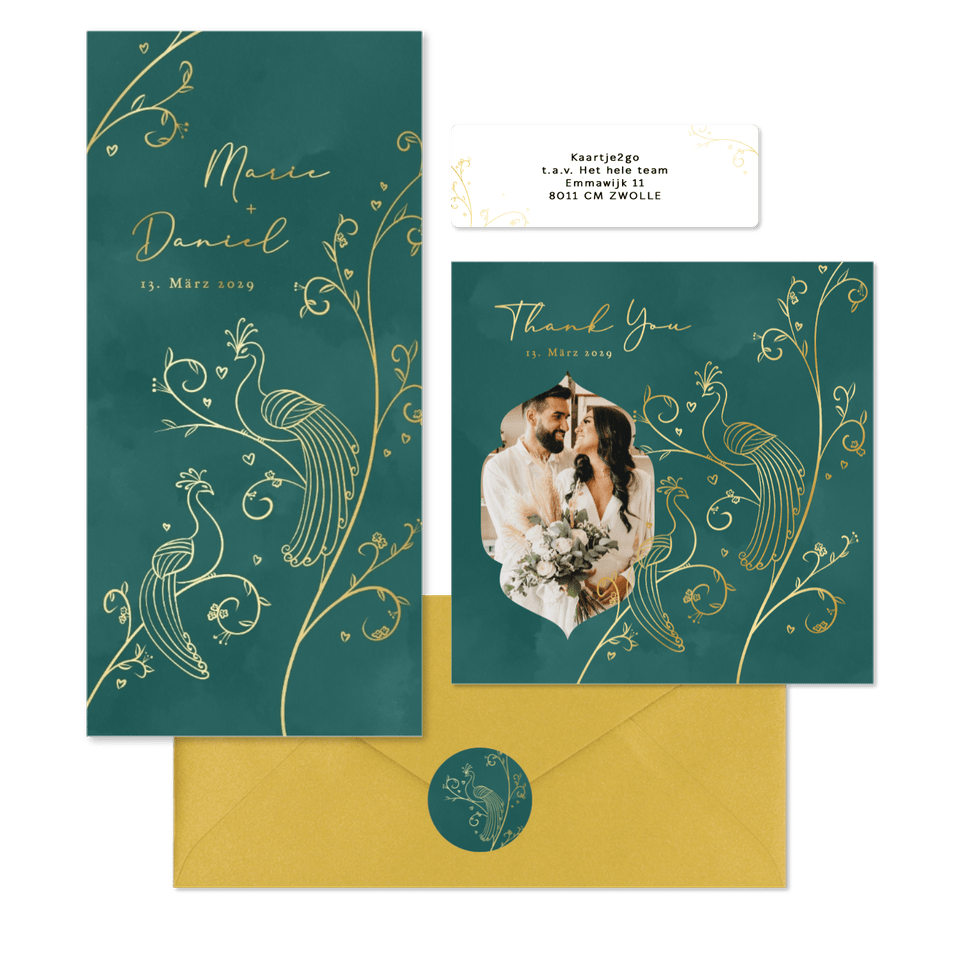 Hochzeitskartenset in Grün mit goldenen Pfauen