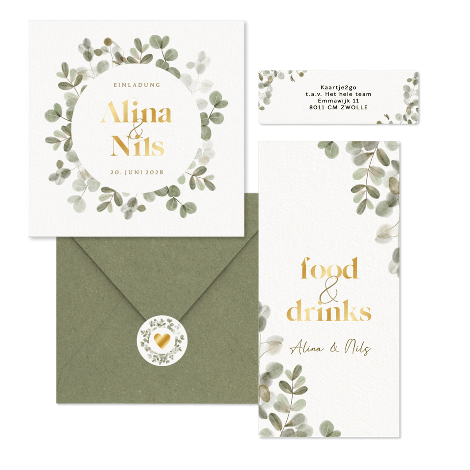 Hochzeitskartenset mit Eukalyptuskranz und Goldschrift