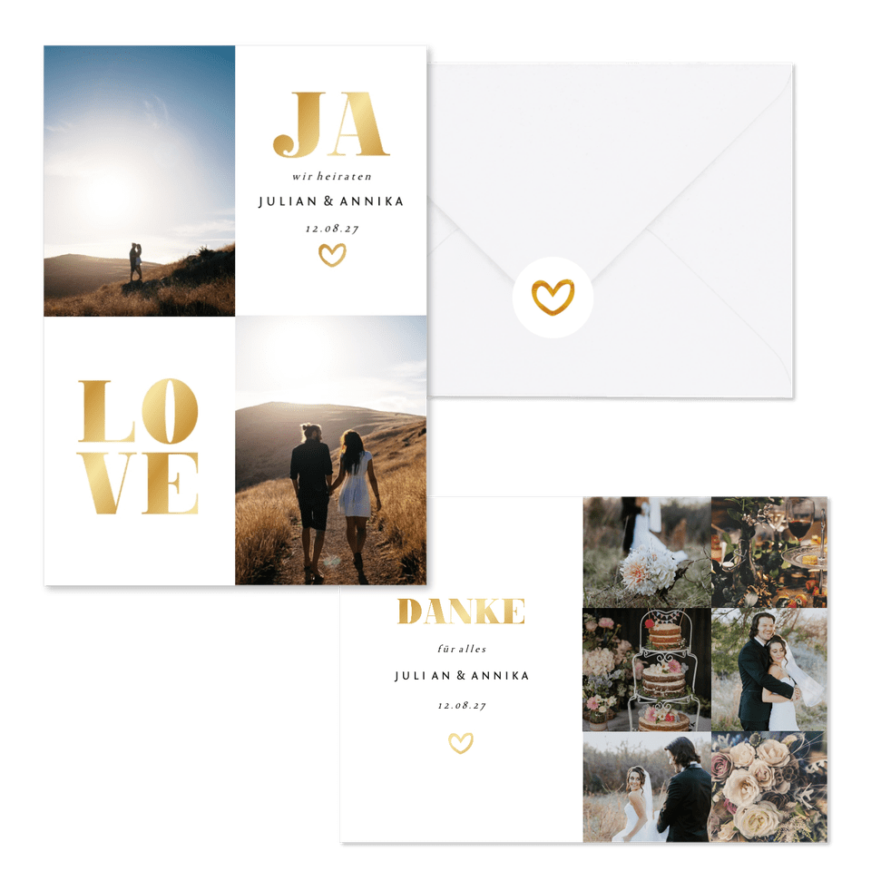 Hochzeitskarten simpel Goldlook mit Fotos