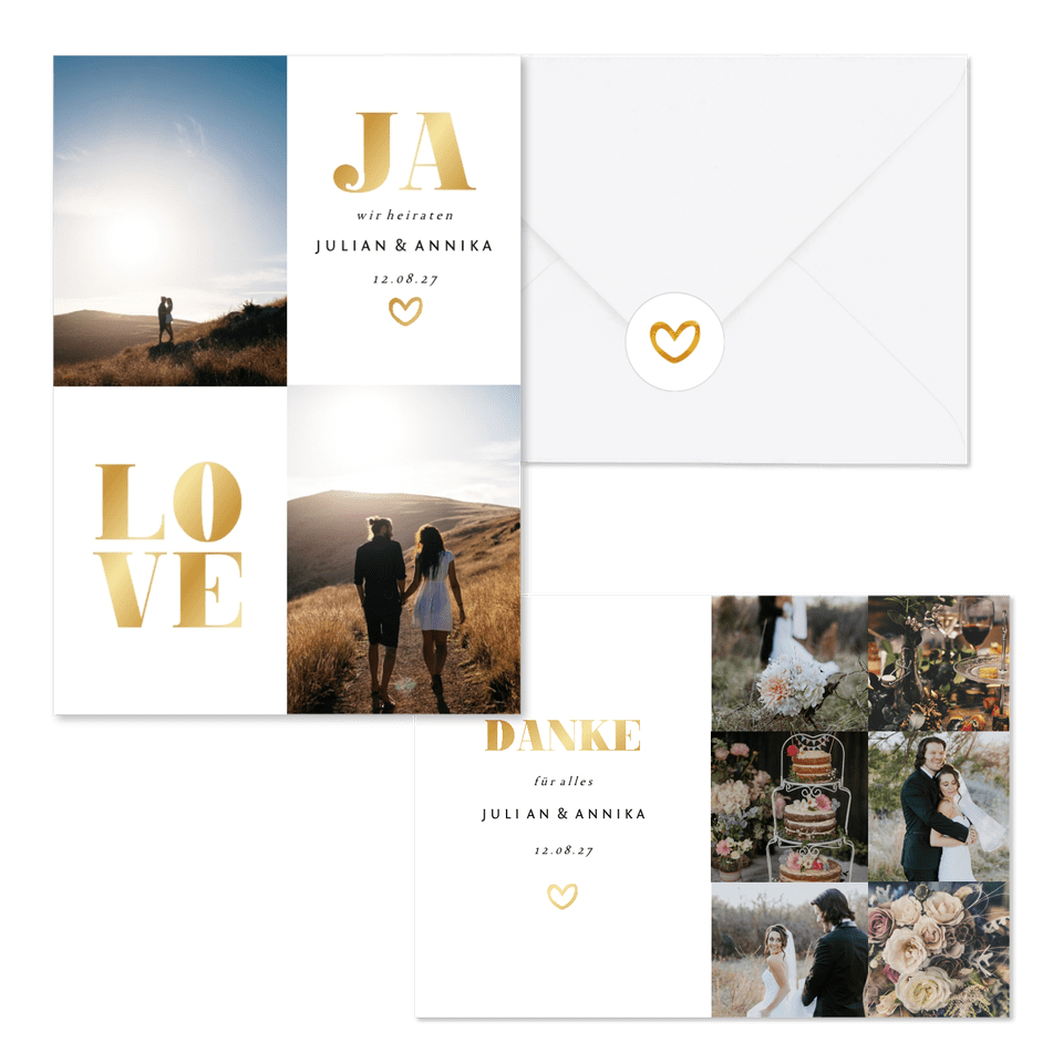 Hochzeitskarten simpel Goldlook mit Fotos