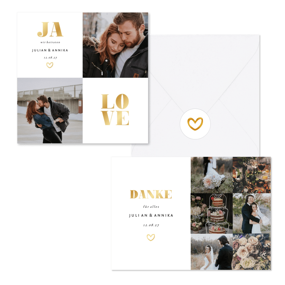 Hochzeitskarten simpel Goldlook mit Fotos