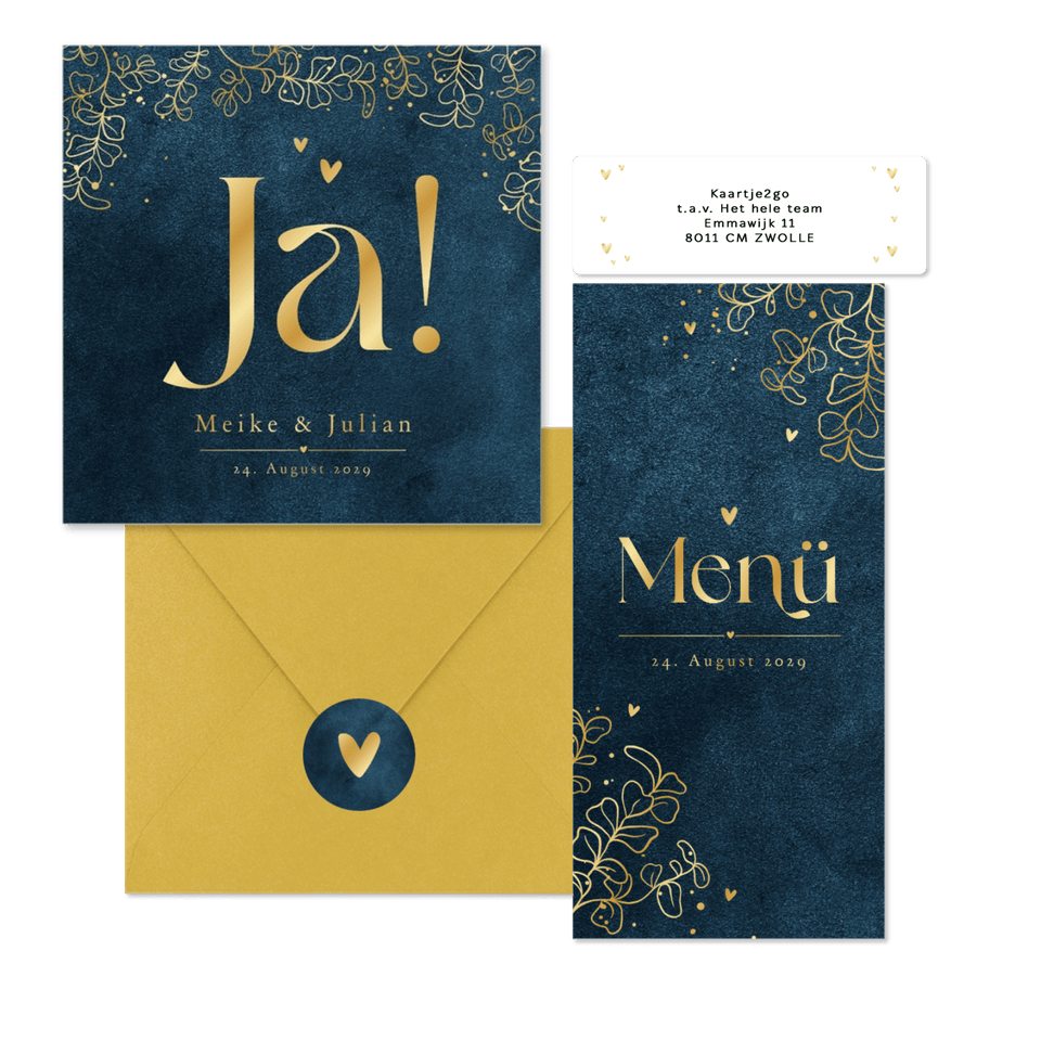 Hochzeitskartenset in Dunkelblau mit goldenen Ranken