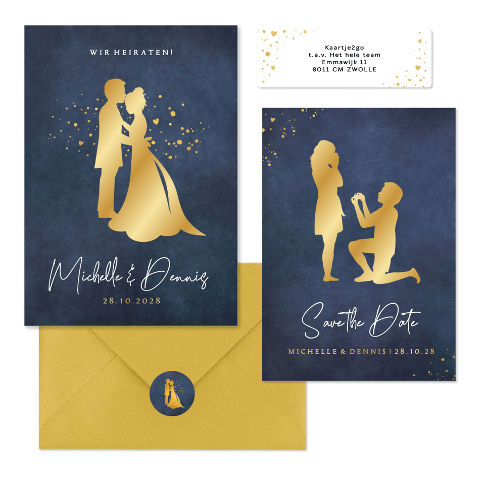 Hochzeitskartenset Goldener Scherenschnitt auf Dunkelblau