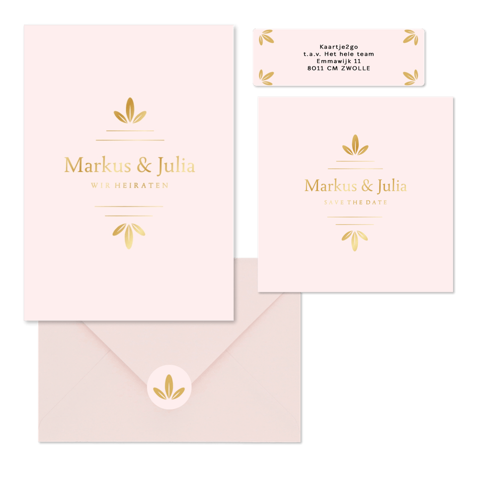 Hochzeitskartenset schlichtes Rosa mit Goldornamente