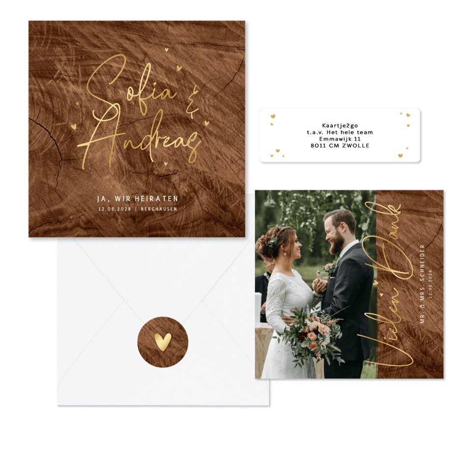 Hochzeitskartenset Holzoptik mit Goldschrift