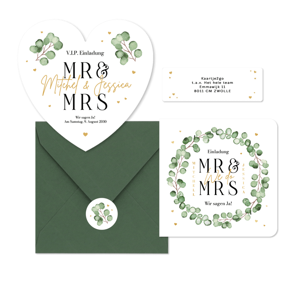 Hochzeitskartenset Eukalyptuszweige mit goldenen Herzchen