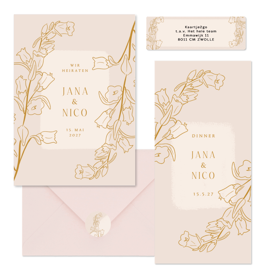 Hochzeitskartenset mit goldenen Glockenblumen Altrosa