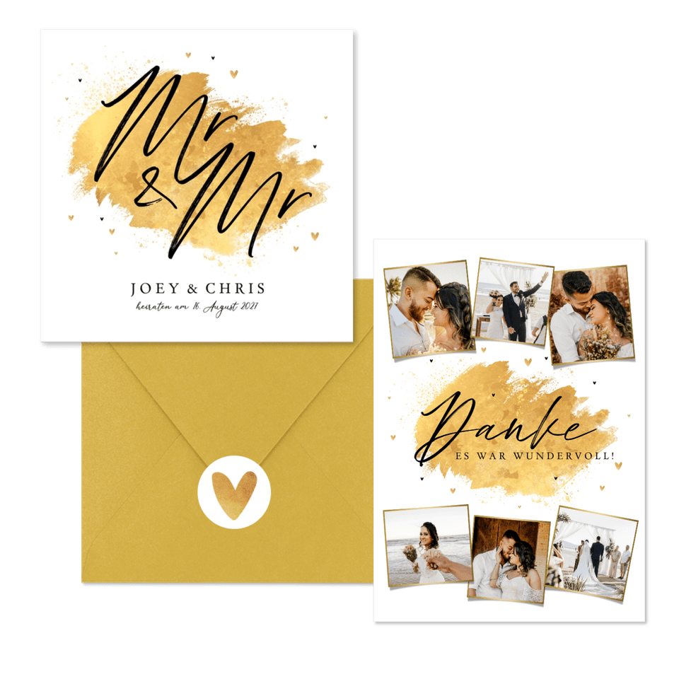 Hochzeitskartenset Pinselstrich Goldlook