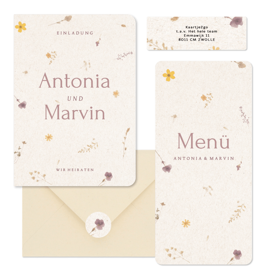 Hochzeitskartenset Schöpfpapier mit gepressten Blumen