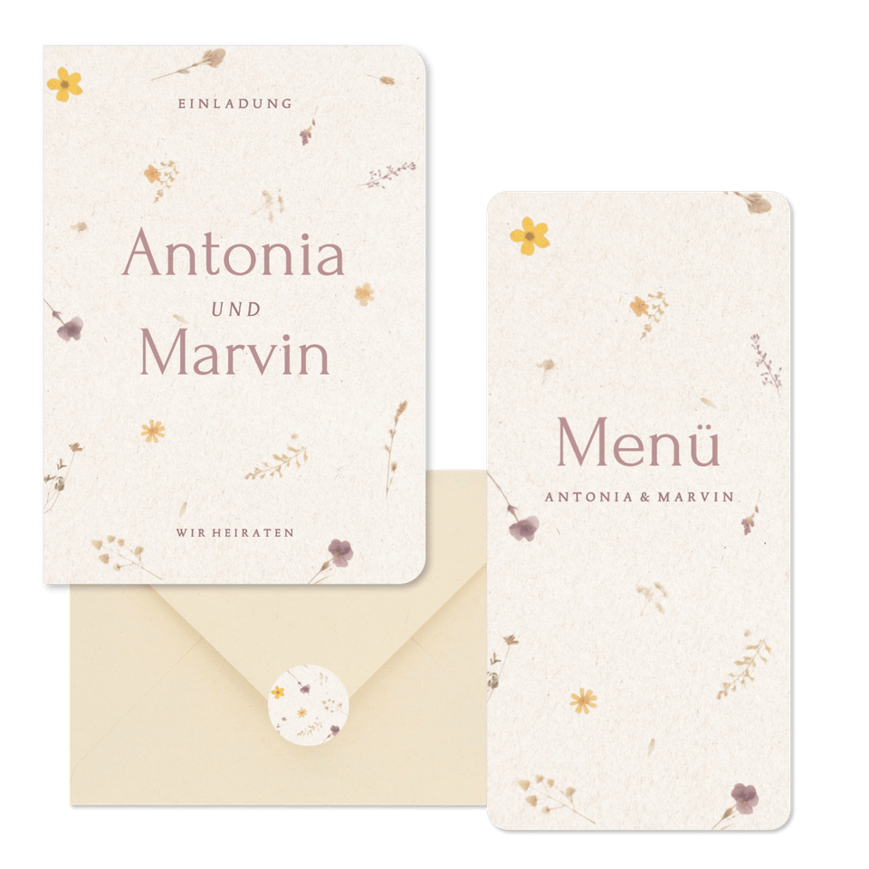 Hochzeitskartenset Schöpfpapier mit gepressten Blumen