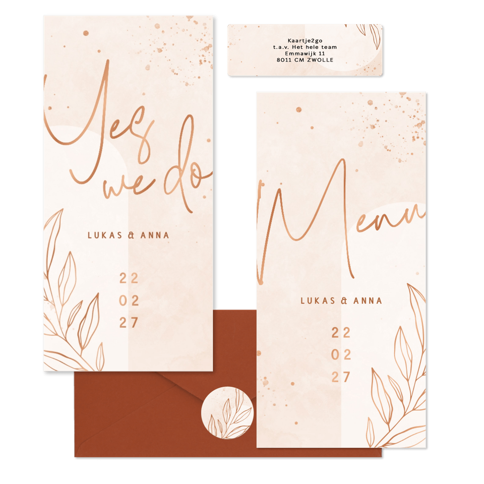 Hochzeitskartenset filigraner Zweig auf Rosé