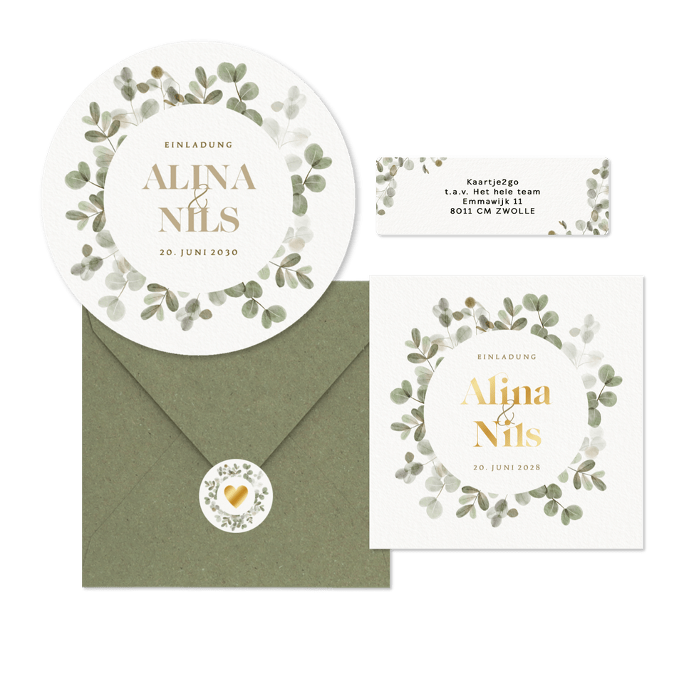 Hochzeitskartenset mit Eukalyptuskranz und Goldschrift