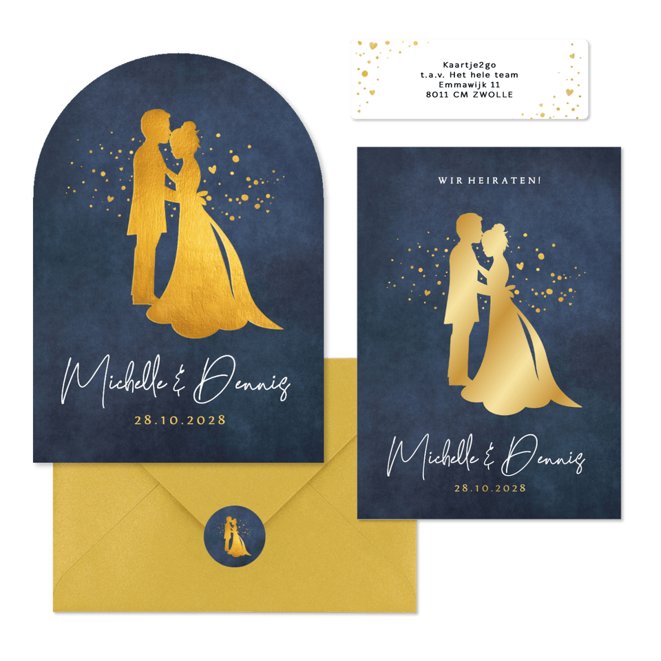 Hochzeitskartenset Goldener Scherenschnitt auf Dunkelblau