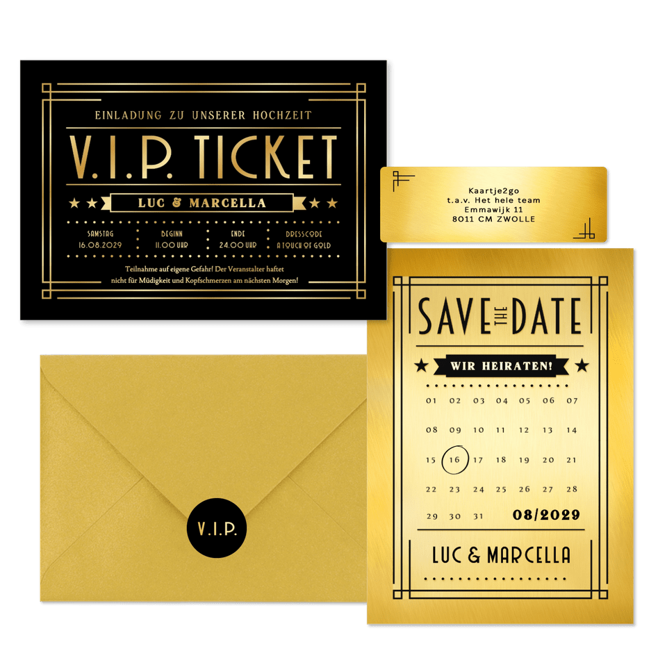 Hochzeitskartenset Artdeco Ticket in Gold & Schwarz
