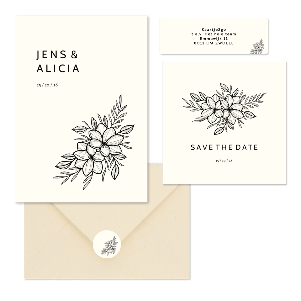 Hochzeitskartenset schlichte schwarze Blumen off-white