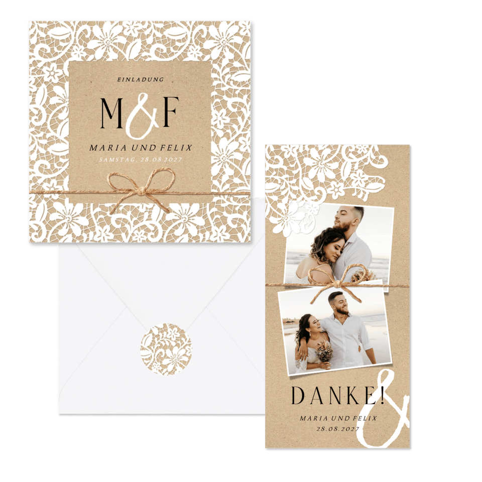 Hochzeitskartenset mit romantischer Spitze auf Kraftpapier