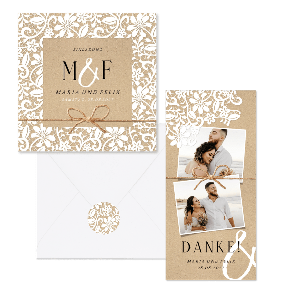 Hochzeitskartenset mit romantischer Spitze auf Kraftpapier