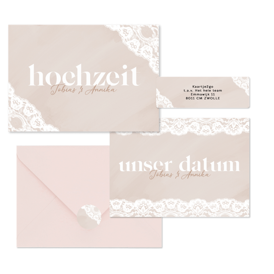 Hochzeitskartenset Spitzendekor auf Altrosa