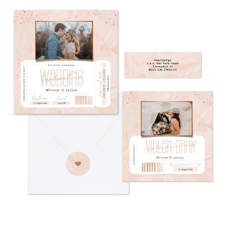 Hochzeitskartenset in rosa Marmoroptik als Ticket 