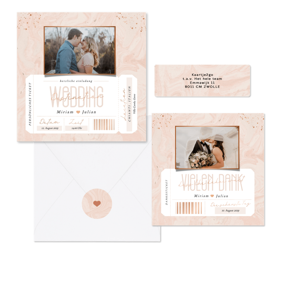 Hochzeitskartenset in rosa Marmoroptik als Ticket 
