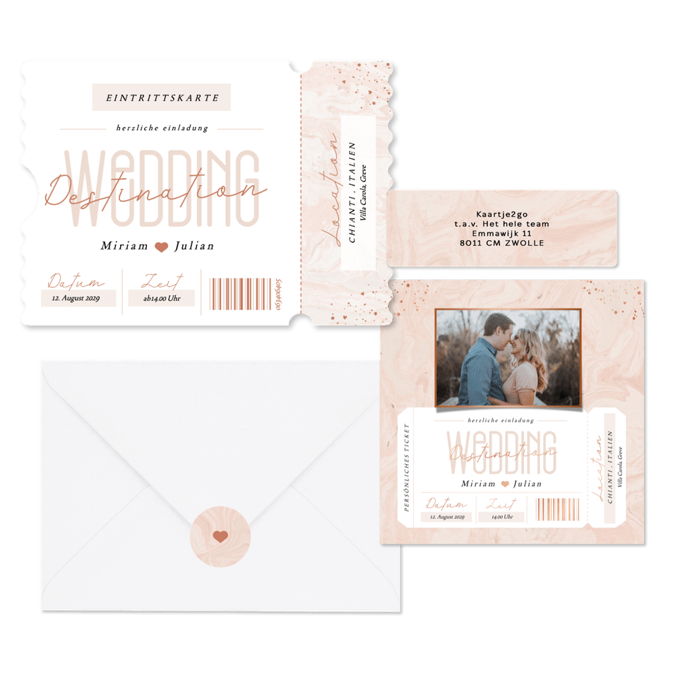 Hochzeitskartenset in rosa Marmoroptik als Ticket 