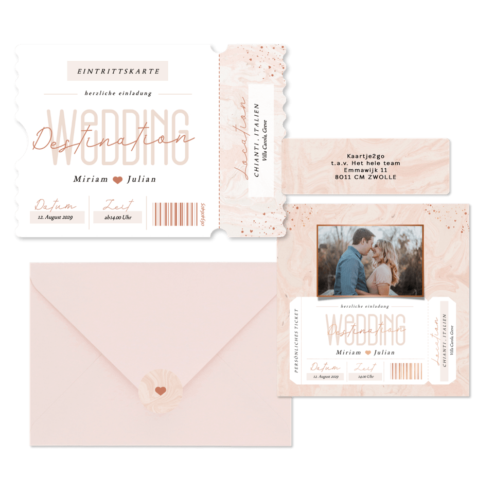 Hochzeitskartenset in rosa Marmoroptik als Ticket