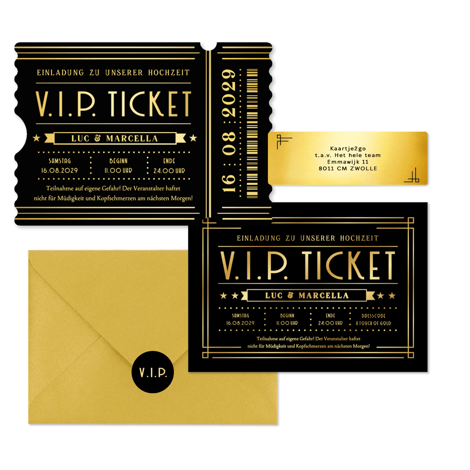 Hochzeitskartenset Artdeco Ticket in Gold & Schwarz