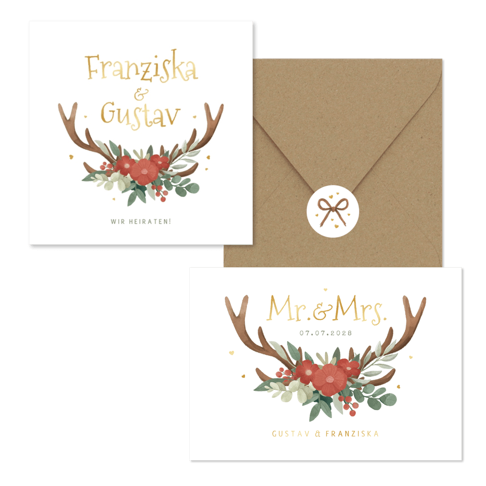Hochzeitskartenset Blumen & Geweih