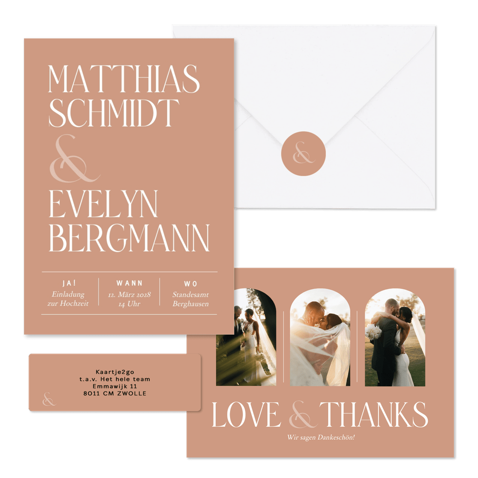 Hochzeitskartenset typografisch auf Lachsrosa