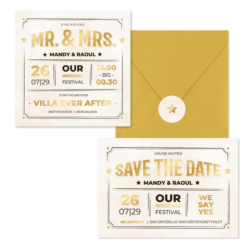 Vintage Hochzeitskartenset Ticket-Look