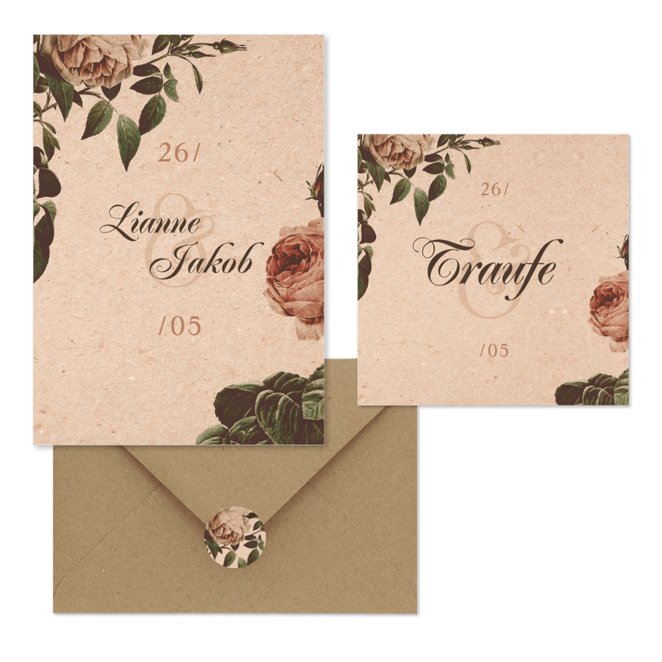 Hochzeitskartenset Vintage Rosen auf Papierstruktur