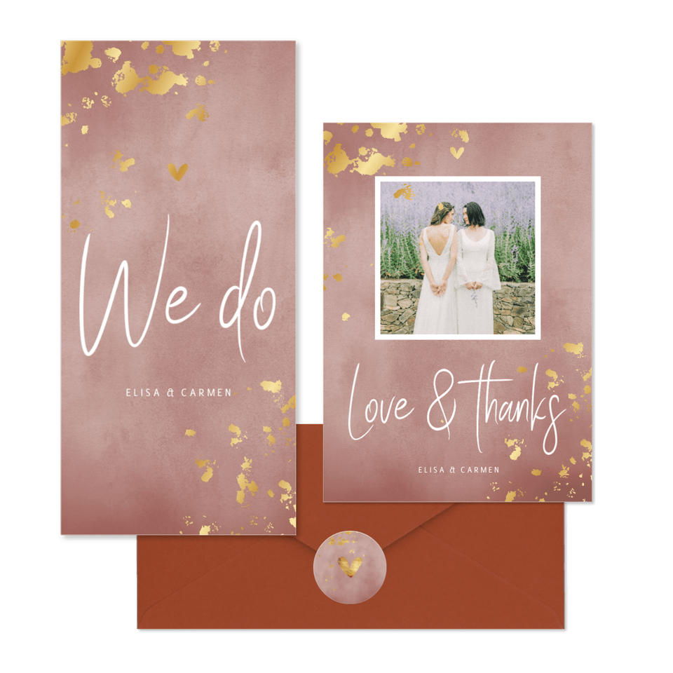 Hochzeitskartenset rosa Aquarell mit Goldtupfen