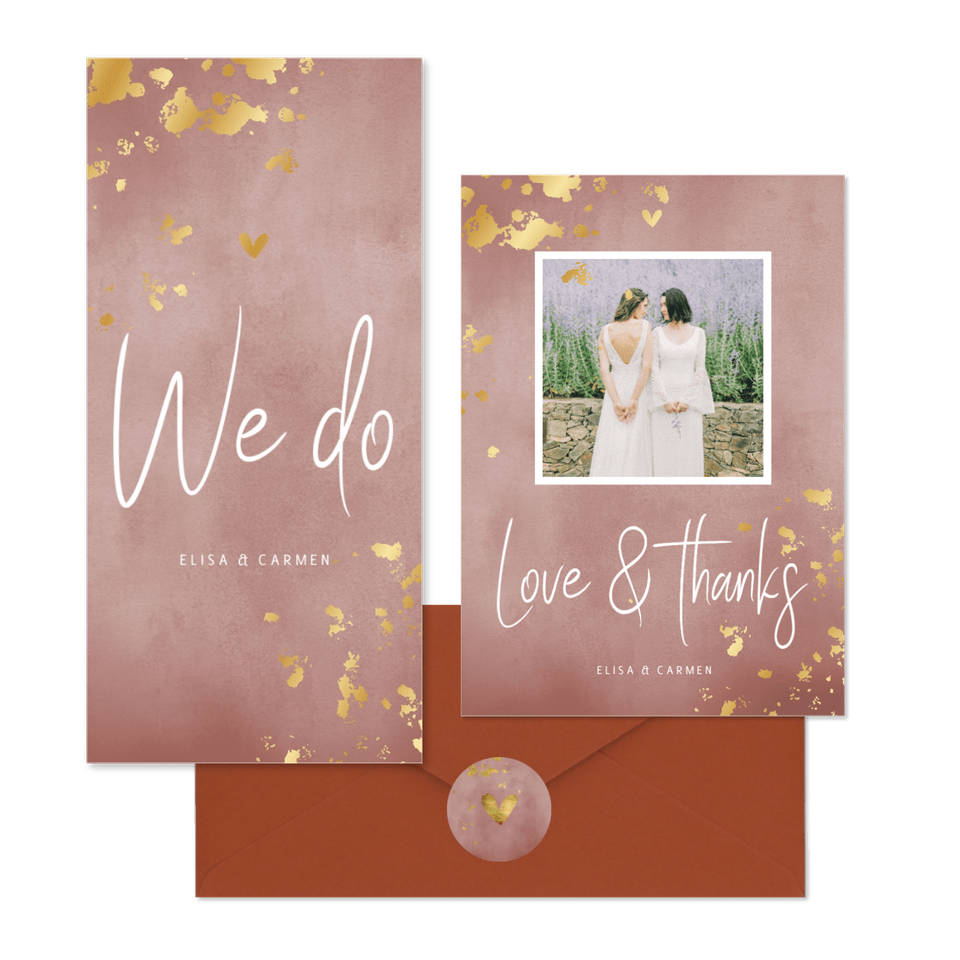 Hochzeitskartenset rosa Aquarell mit Goldtupfen