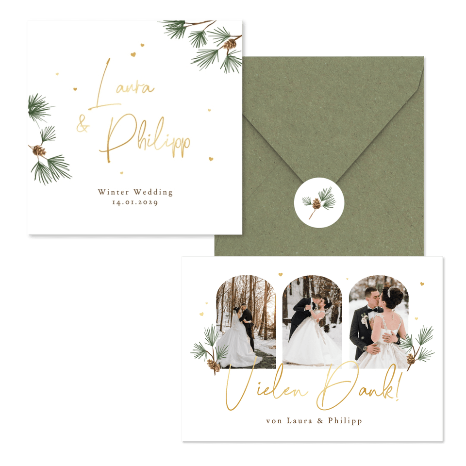 Hochzeitskartenset schlicht Winter Tannenzweige und Zapfen