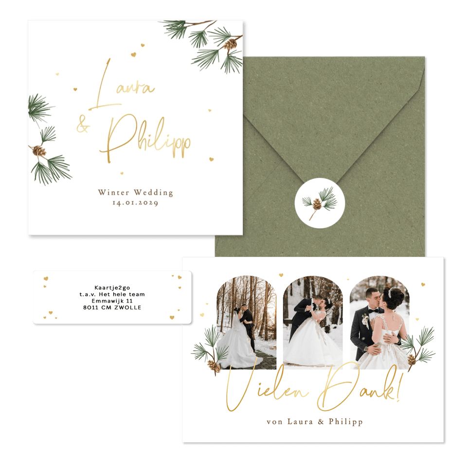 Hochzeitskartenset schlicht Winter Tannenzweige und Zapfen