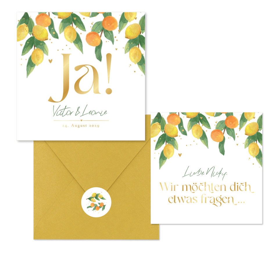 Hochzeitskartenset Zitruszweige mit Zitronen und Orangen