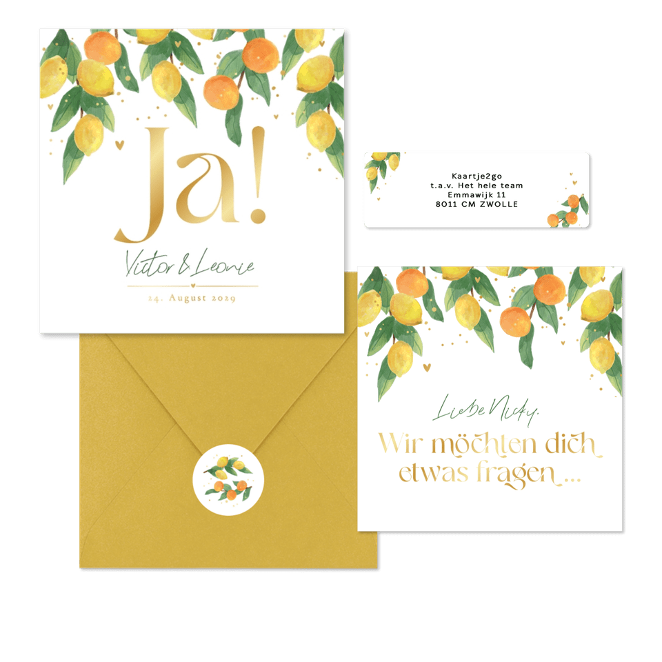 Hochzeitskartenset Zitruszweige mit Zitronen und Orangen
