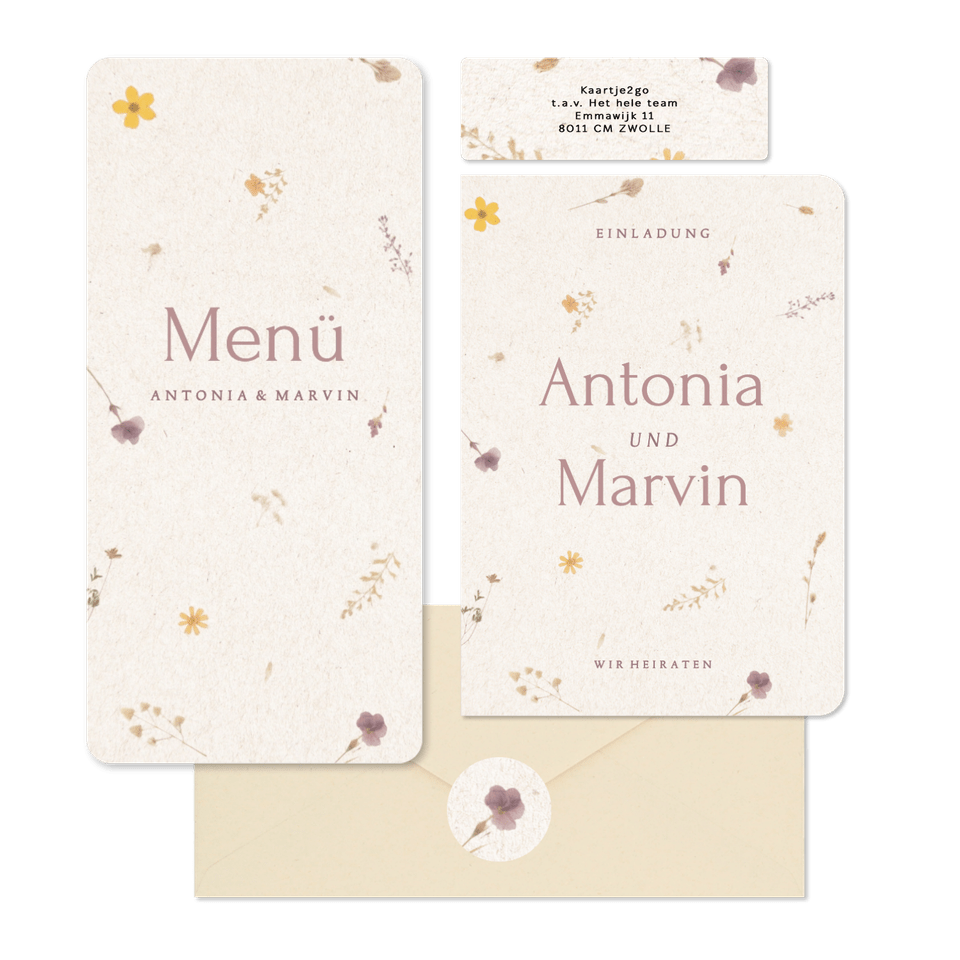 Hochzeitskartenset Schöpfpapier mit gepressten Blumen