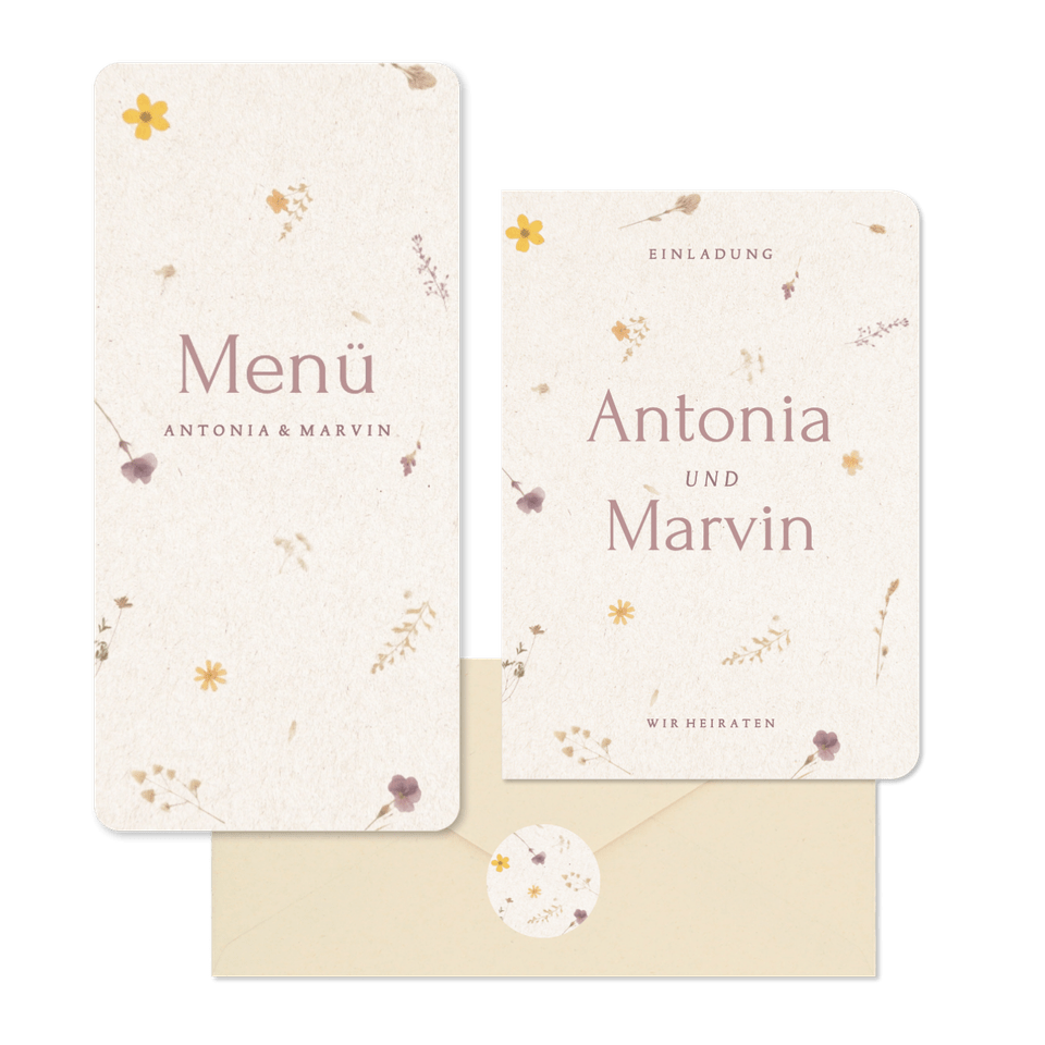 Hochzeitskartenset Schöpfpapier mit gepressten Blumen