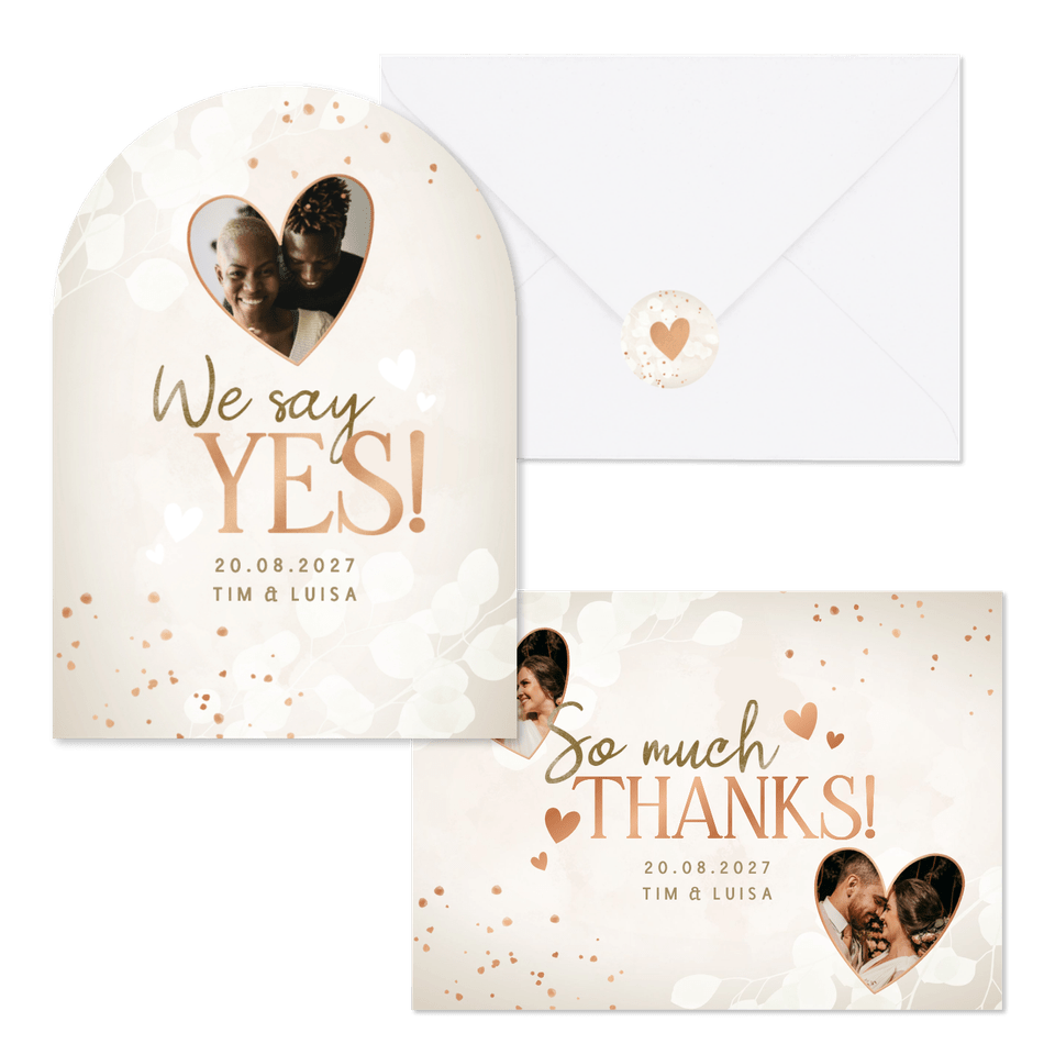 Hochzeitskartenset mit Kupferherzen