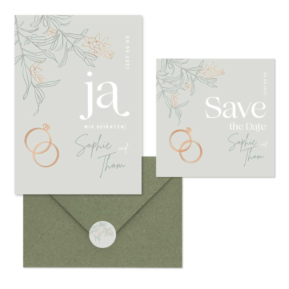 Hochzeitskartenset mit Ringen & Blumen pastellgrün