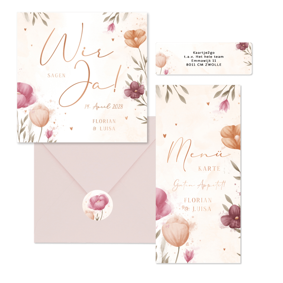 Hochzeitskartenset mit Frühlingsblumen Aquarell & Kupfer