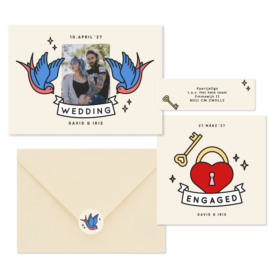 Hochzeitskartenset im Tattoolook Herz und Schwalben