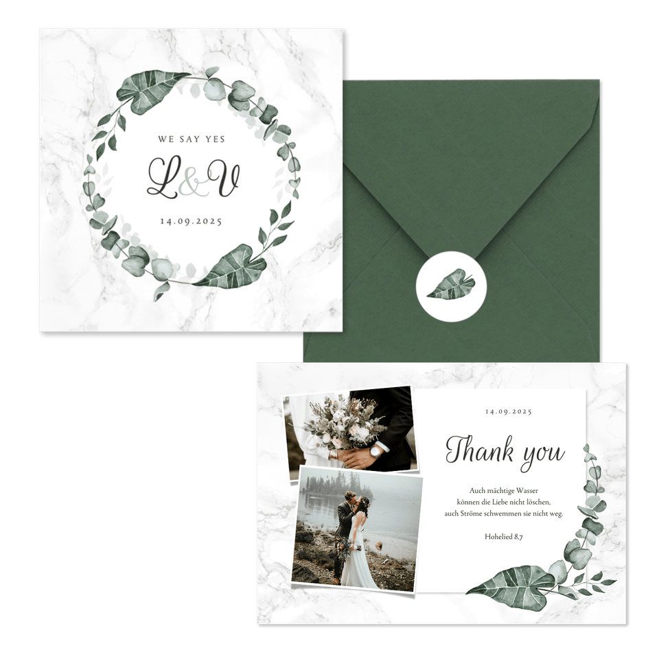 Hochzeitskartenset helles Marmor mit Botanik