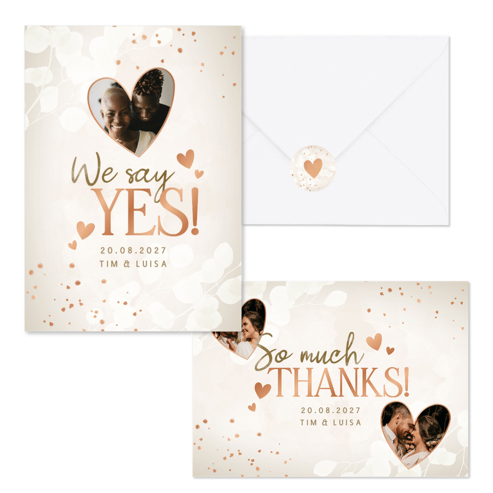 Hochzeitskartenset mit Kupferherzen