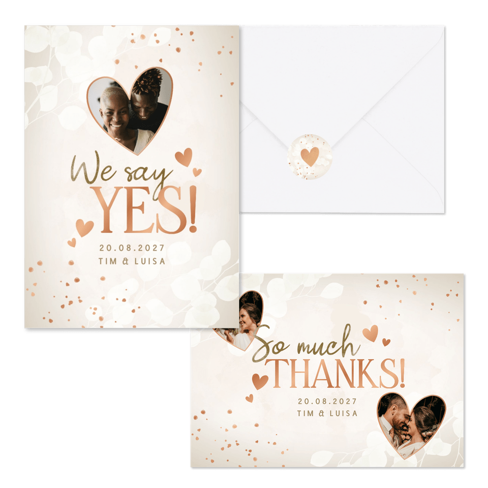 Hochzeitskartenset mit Kupferherzen